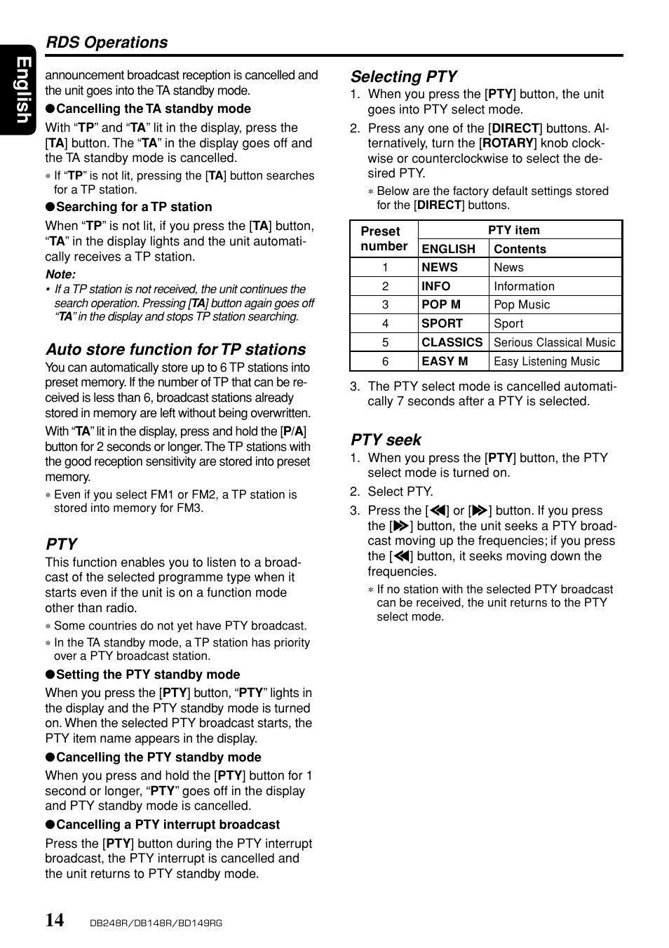 English, Auto store function for tp stations, Rds operations selecting pty | Pty seek | Clarion db148r User Manual | Page 10 / 14