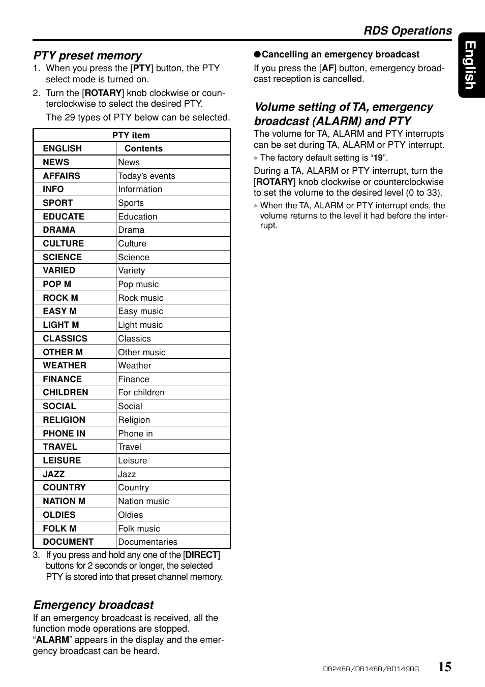 15 english, Emergency broadcast, Rds operations | Clarion db148r User Manual | Page 11 / 14