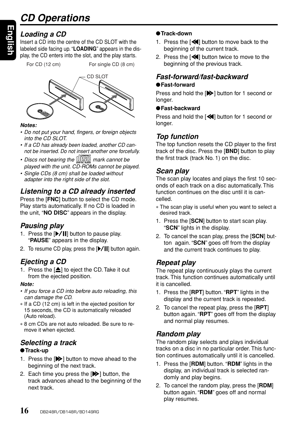 Cd operations, English, Fast-forward/fast-backward | Top function, Scan play, Repeat play, Random play, Loading a cd, Listening to a cd already inserted, Pausing play | Clarion db148r User Manual | Page 12 / 14