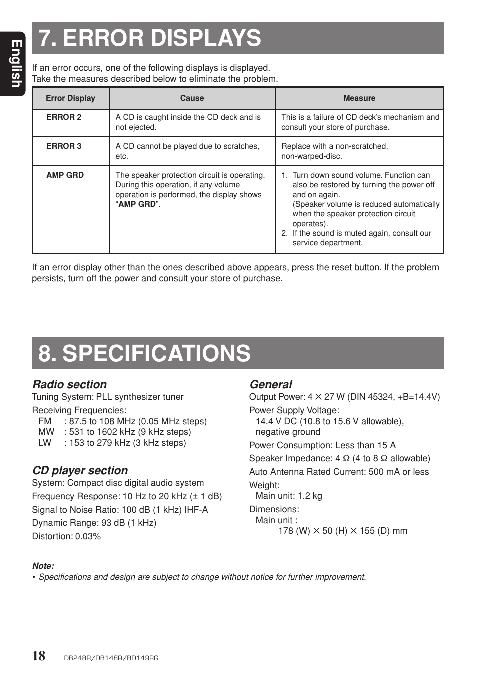 Error displays, Specifications, Error displays 8. specifications | English, General | Clarion db148r User Manual | Page 14 / 14