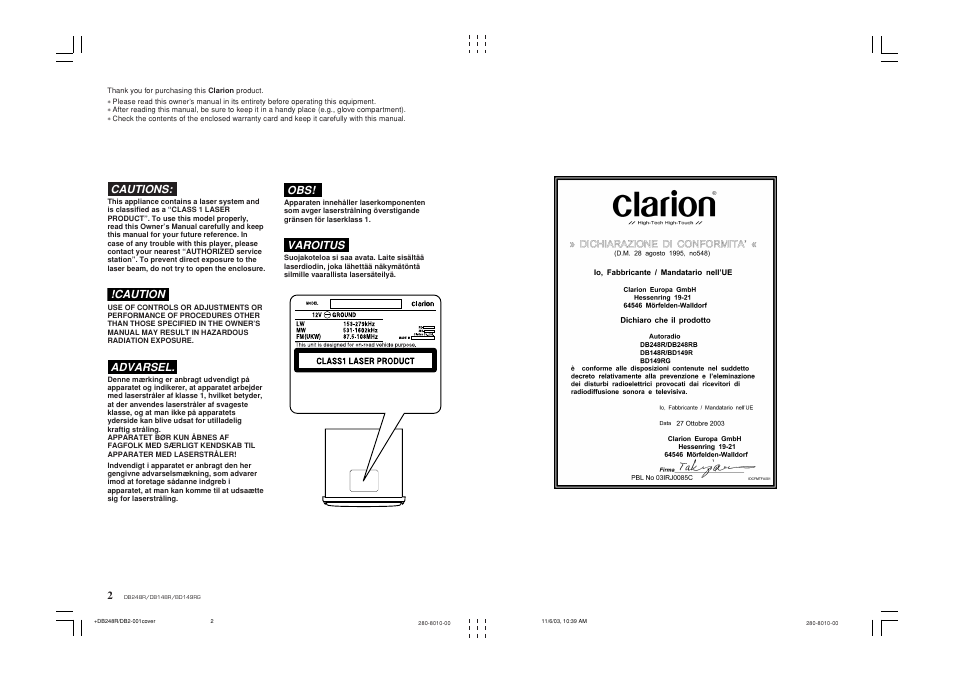 Cautions, Caution, Advarsel | Varoitus | Clarion db148r User Manual | Page 2 / 14
