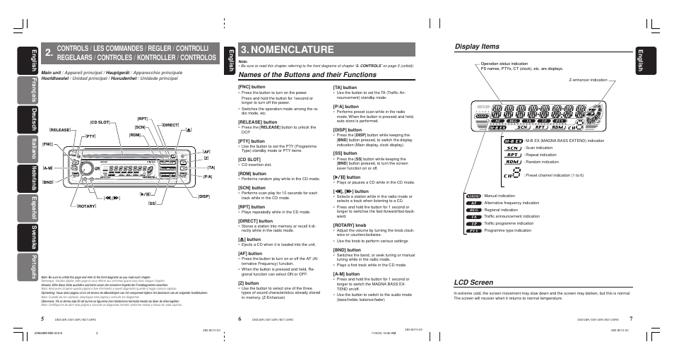 Controls / les commandes / regler / controlli, Nomenclature, Names of the buttons and their functions | Display items, Lcd screen, English | Clarion db148r User Manual | Page 4 / 14
