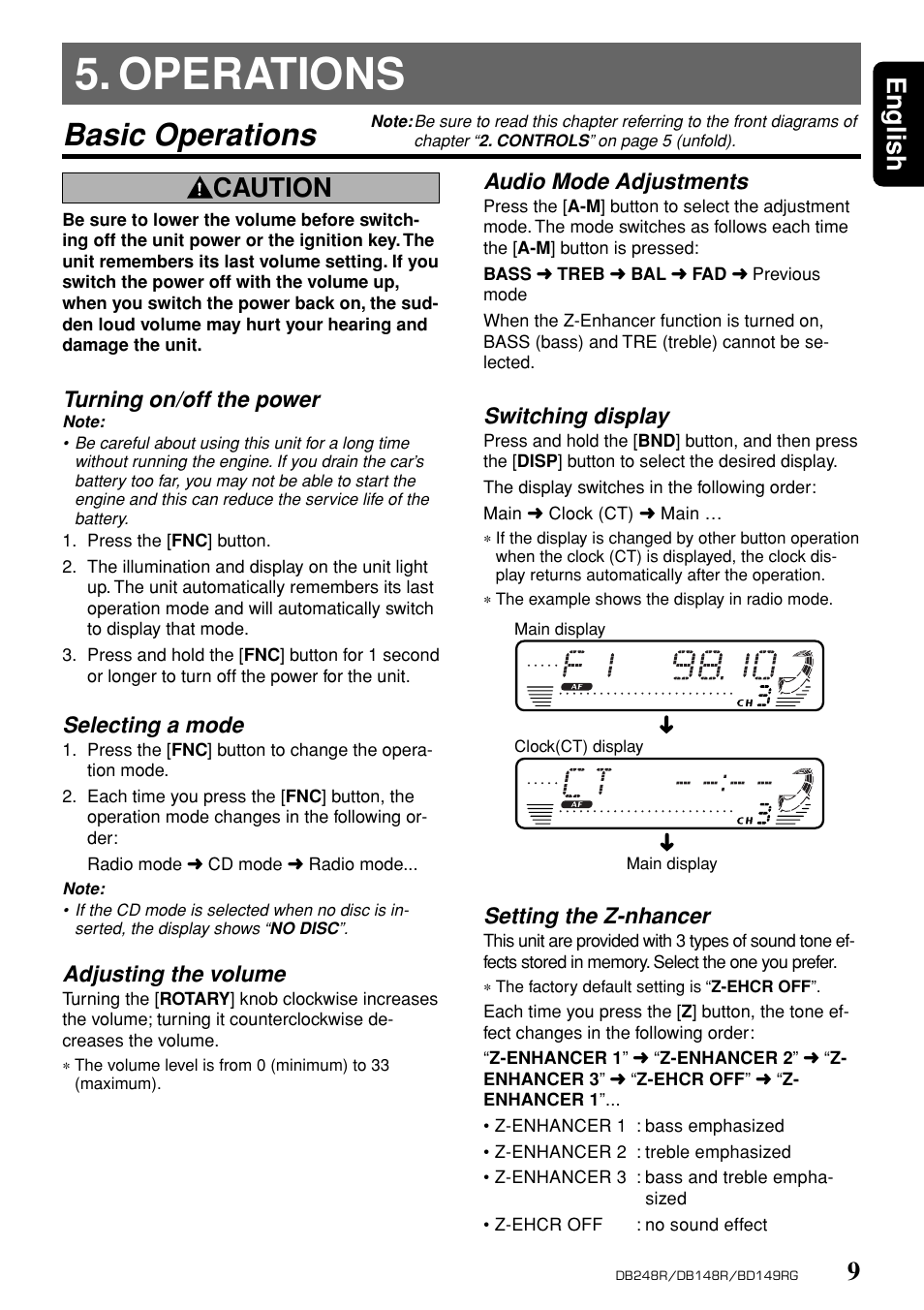 Operations, Basic operations, 9english | Caution, Turning on/off the power, Selecting a mode, Adjusting the volume, Audio mode adjustments, Switching display, Setting the z-nhancer | Clarion db148r User Manual | Page 5 / 14