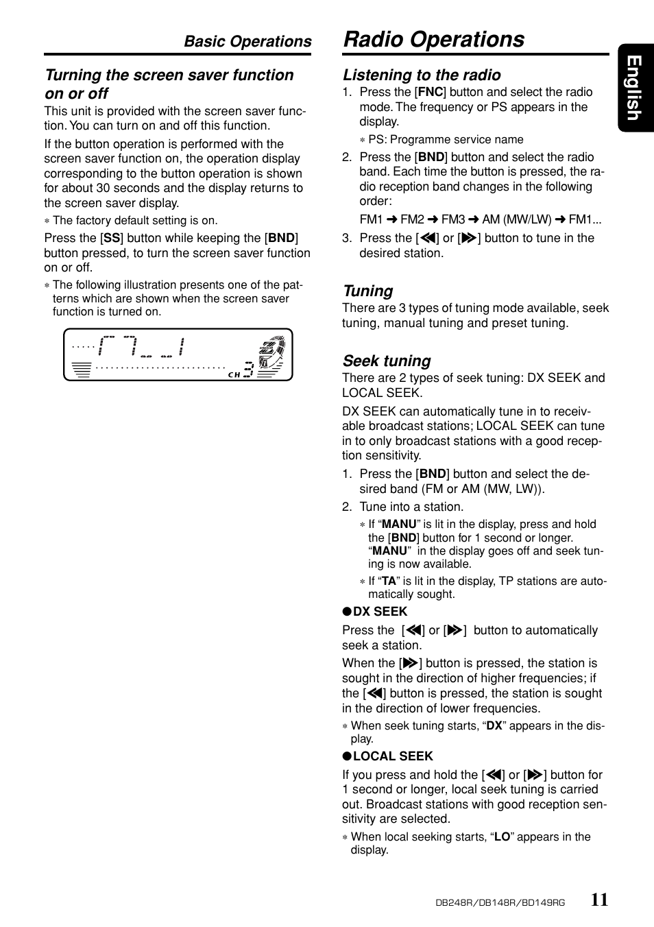 Radio operations, 11 english, Turning the screen saver function on or off | Listening to the radio, Tuning, Seek tuning, Basic operations | Clarion db148r User Manual | Page 7 / 14