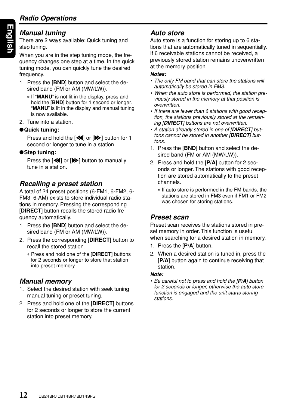 English, Auto store, Preset scan | Manual tuning, Recalling a preset station, Radio operations | Clarion db148r User Manual | Page 8 / 14