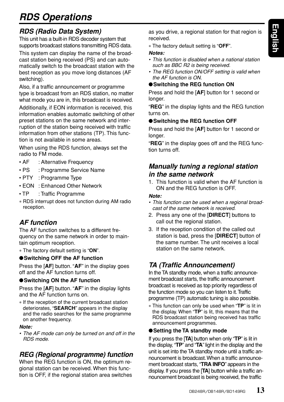 Rds operations, 13 english, Rds (radio data system) | Af function, Reg (regional programme) function, Ta (traffic announcement) | Clarion db148r User Manual | Page 9 / 14