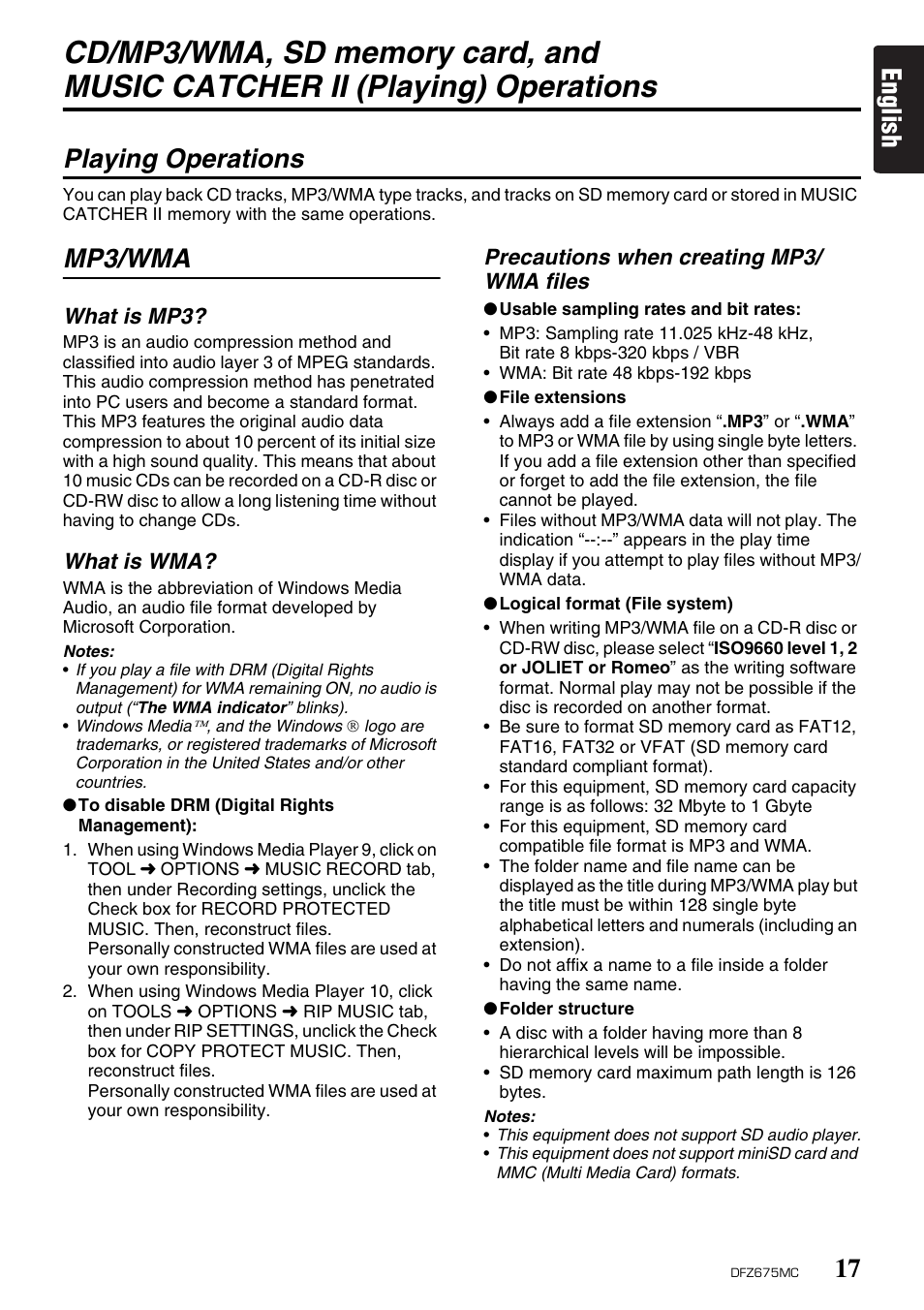English, Playing operations, Mp3/wma | Clarion DFZ675MC User Manual | Page 13 / 33