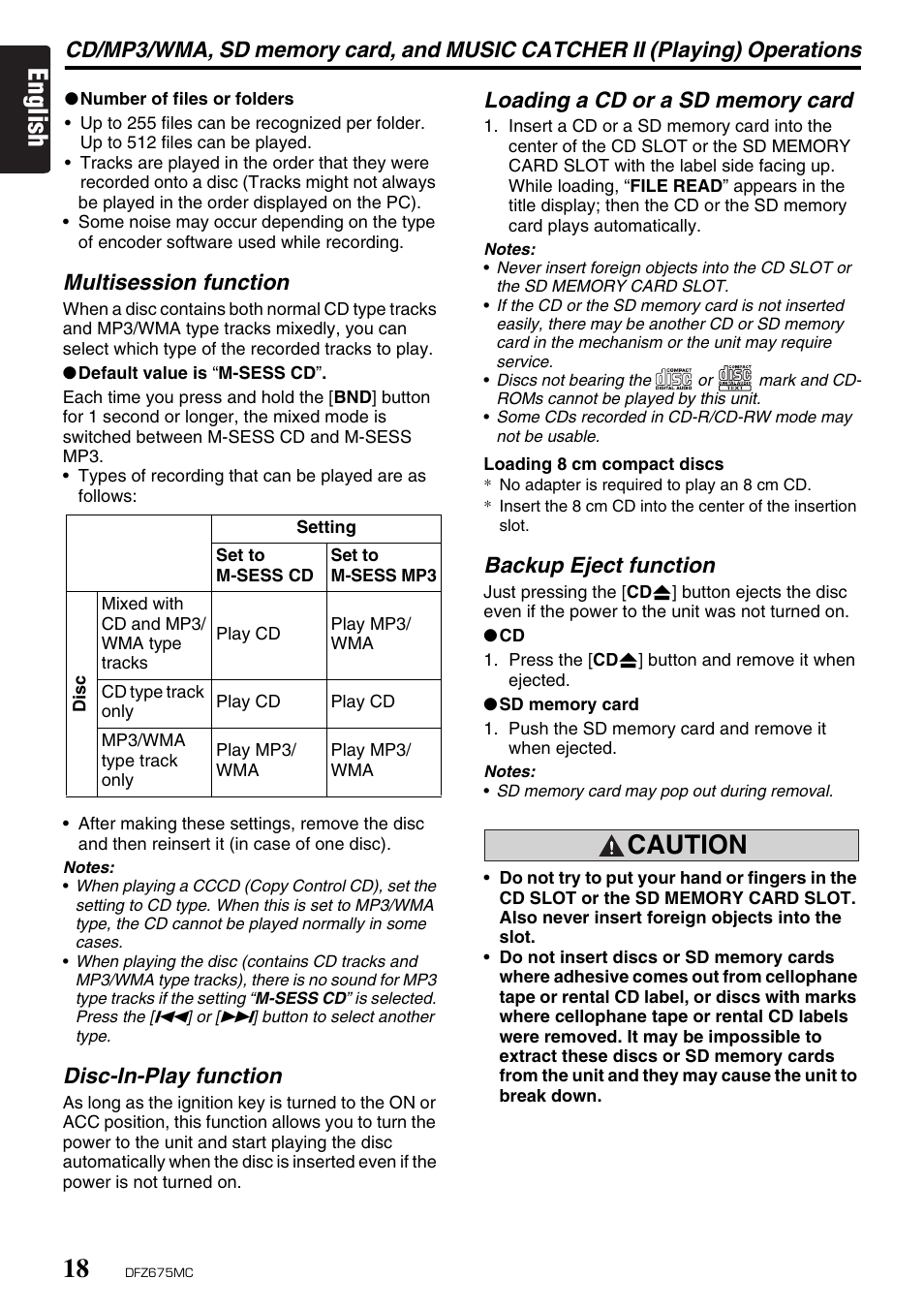 English, Caution, Multisession function | Disc-in-play function, Backup eject function | Clarion DFZ675MC User Manual | Page 14 / 33