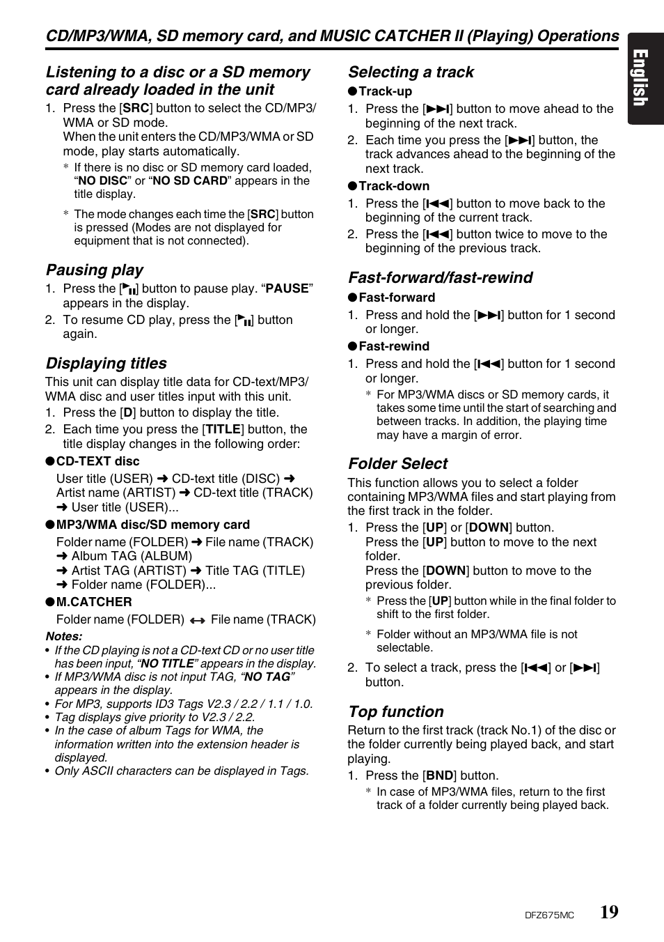 English, Pausing play, Displaying titles | Selecting a track, Fast-forward/fast-rewind, Folder select, Top function | Clarion DFZ675MC User Manual | Page 15 / 33