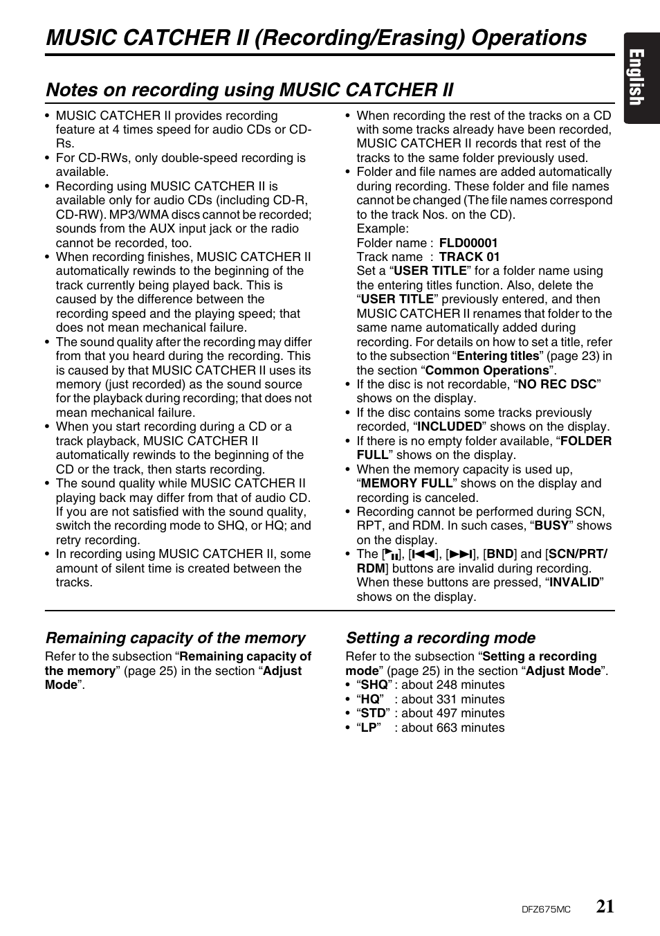 Music catcher ii (recording/erasing) operations, English | Clarion DFZ675MC User Manual | Page 17 / 33