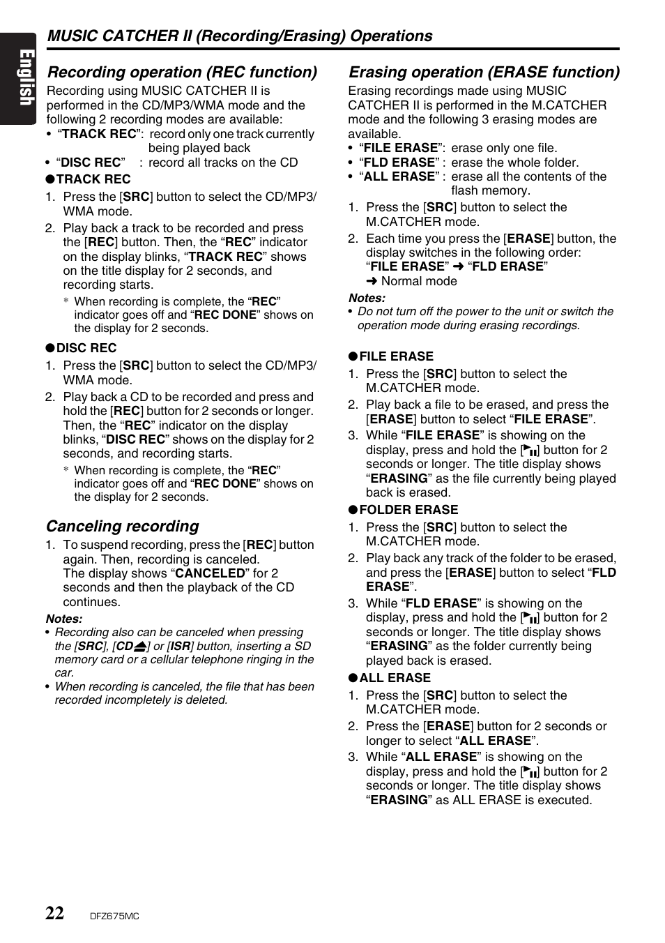 English, Music catcher ii (recording/erasing) operations, Recording operation (rec function) | Canceling recording, Erasing operation (erase function) | Clarion DFZ675MC User Manual | Page 18 / 33