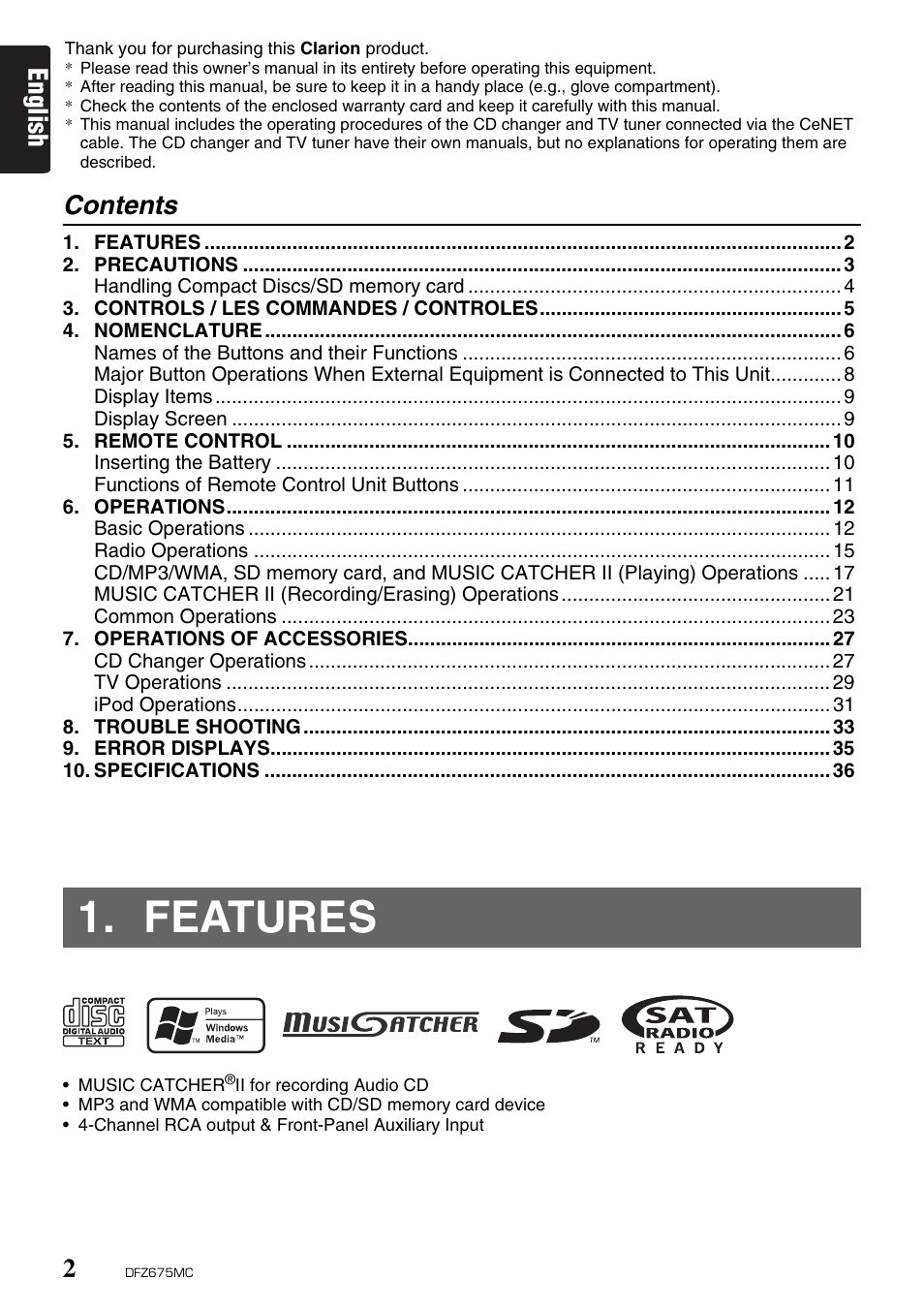 Clarion DFZ675MC User Manual | Page 2 / 33