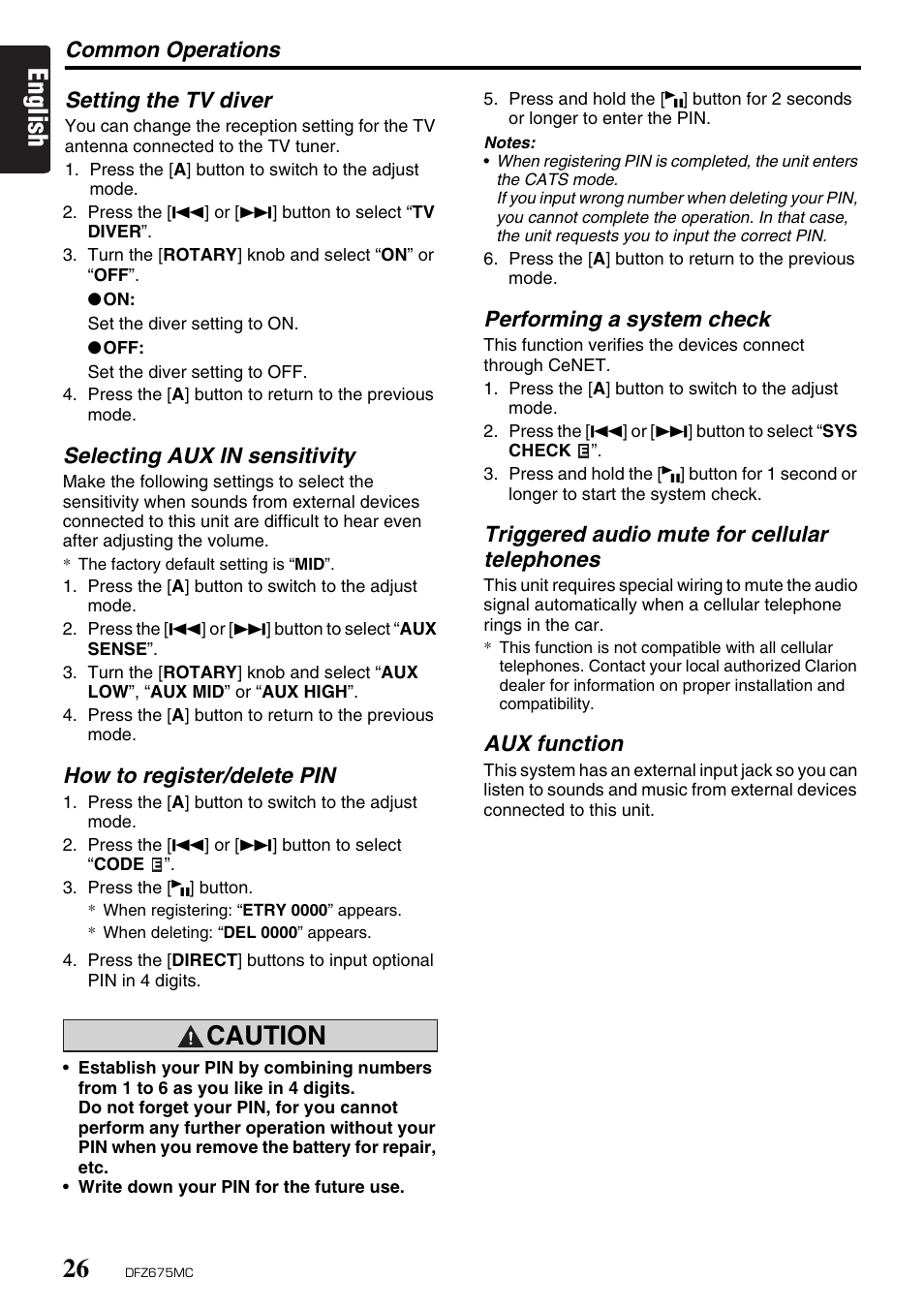 English, Caution | Clarion DFZ675MC User Manual | Page 22 / 33