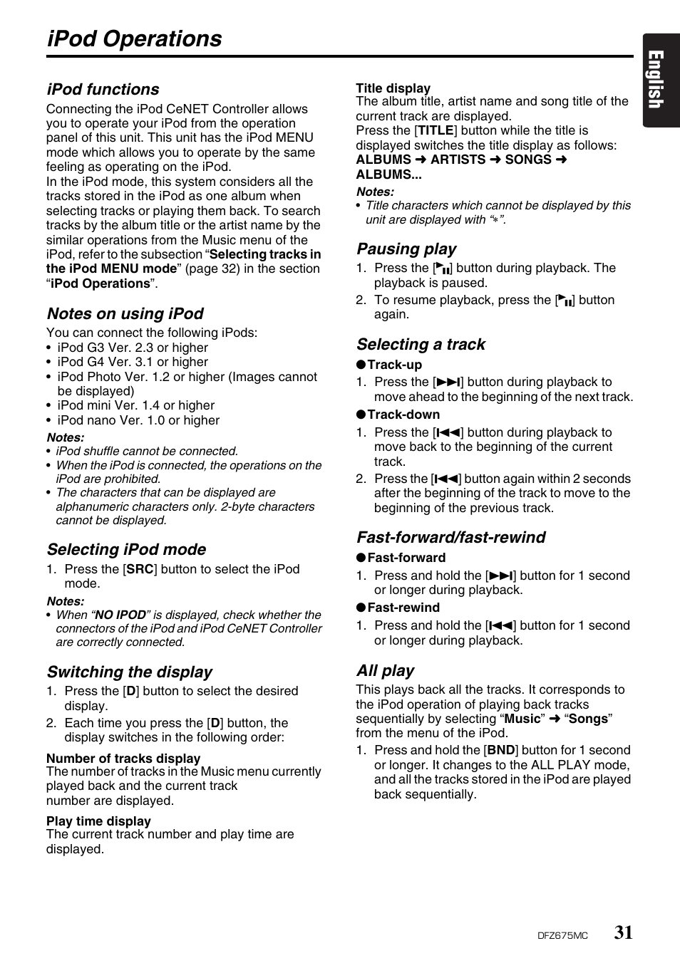 Ipod operations, English | Clarion DFZ675MC User Manual | Page 27 / 33