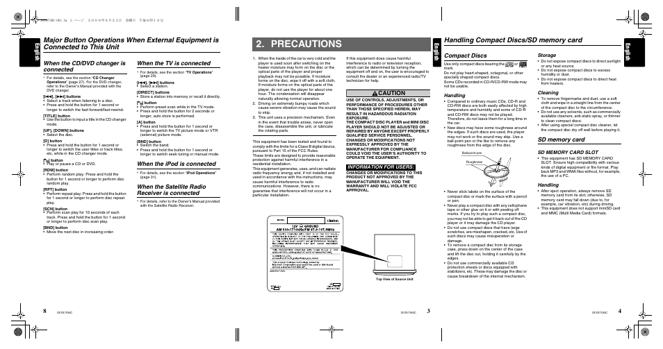 Precautions, English 8, English | When the cd/dvd changer is connected, When the tv is connected, When the ipod is connected, When the satellite radio receiver is connected, Caution, Compact discs | Clarion DFZ675MC User Manual | Page 3 / 33