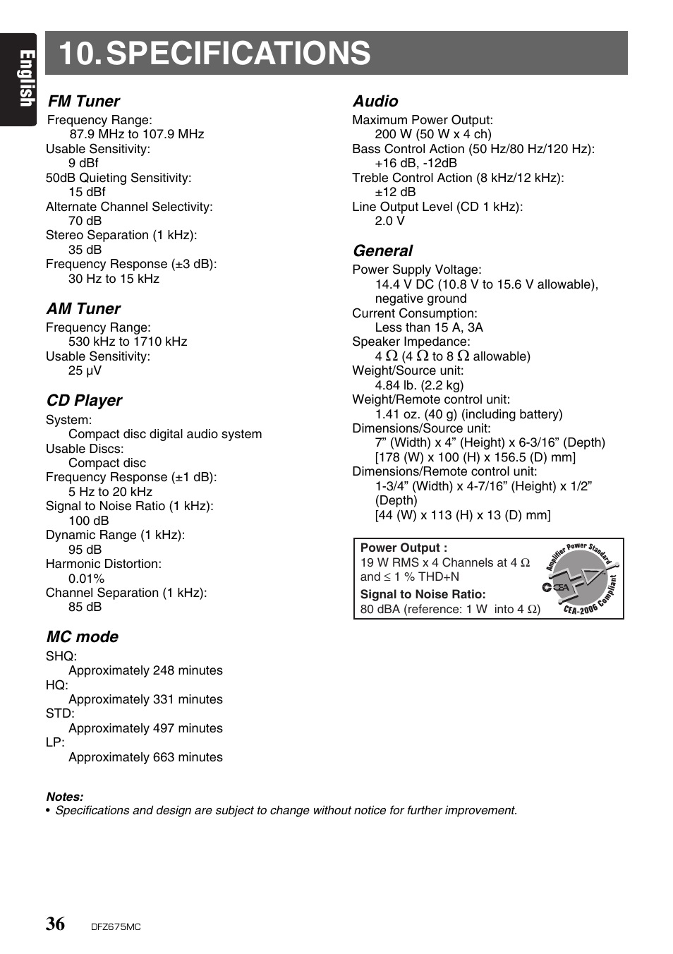 Specifications, English | Clarion DFZ675MC User Manual | Page 32 / 33