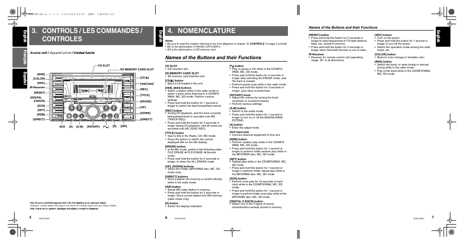 Controls / les commandes / controles, Nomenclature, Names of the buttons and their functions | English 7, English, English f rançais español | Clarion DFZ675MC User Manual | Page 4 / 33