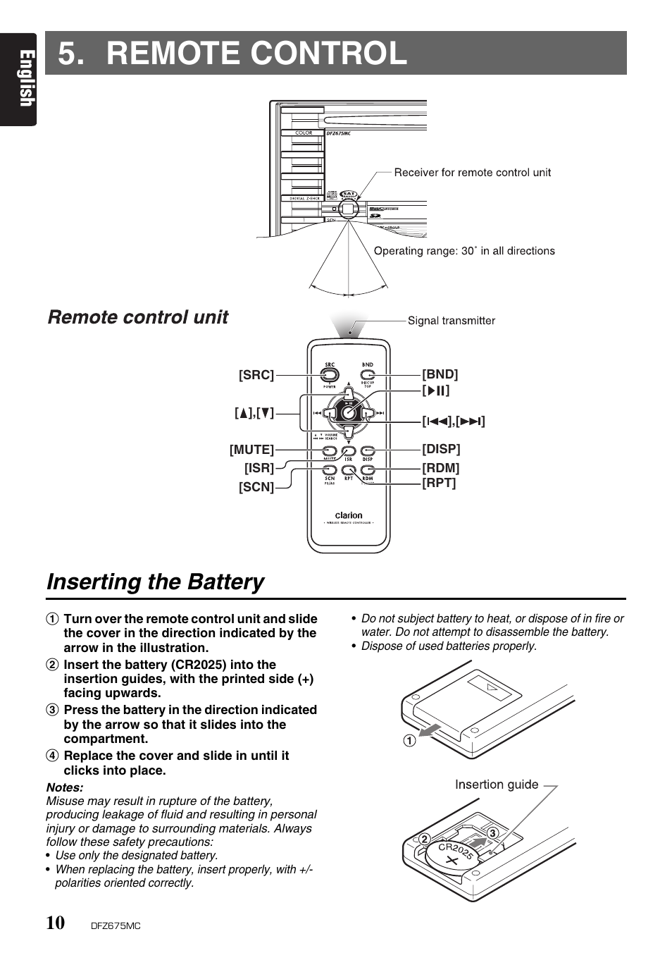 Remote control, Inserting the battery, English | Clarion DFZ675MC User Manual | Page 6 / 33