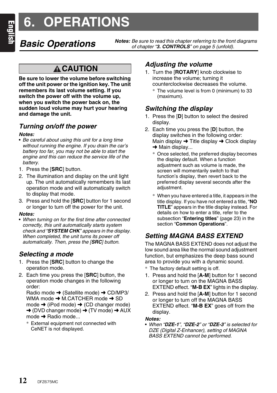 Operations, Basic operations, English | Caution | Clarion DFZ675MC User Manual | Page 8 / 33