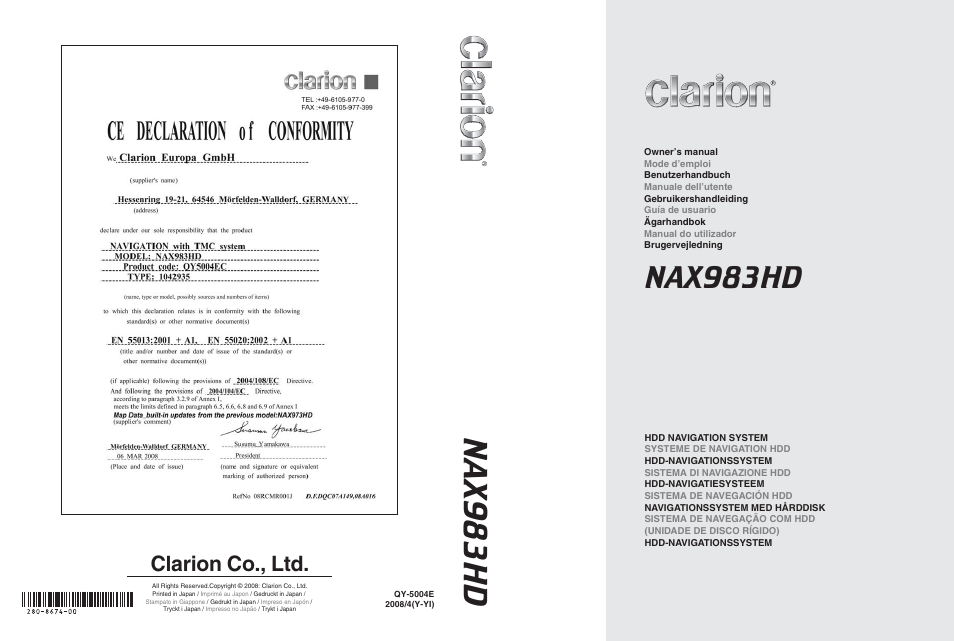 Clarion NAX983HD User Manual | 98 pages