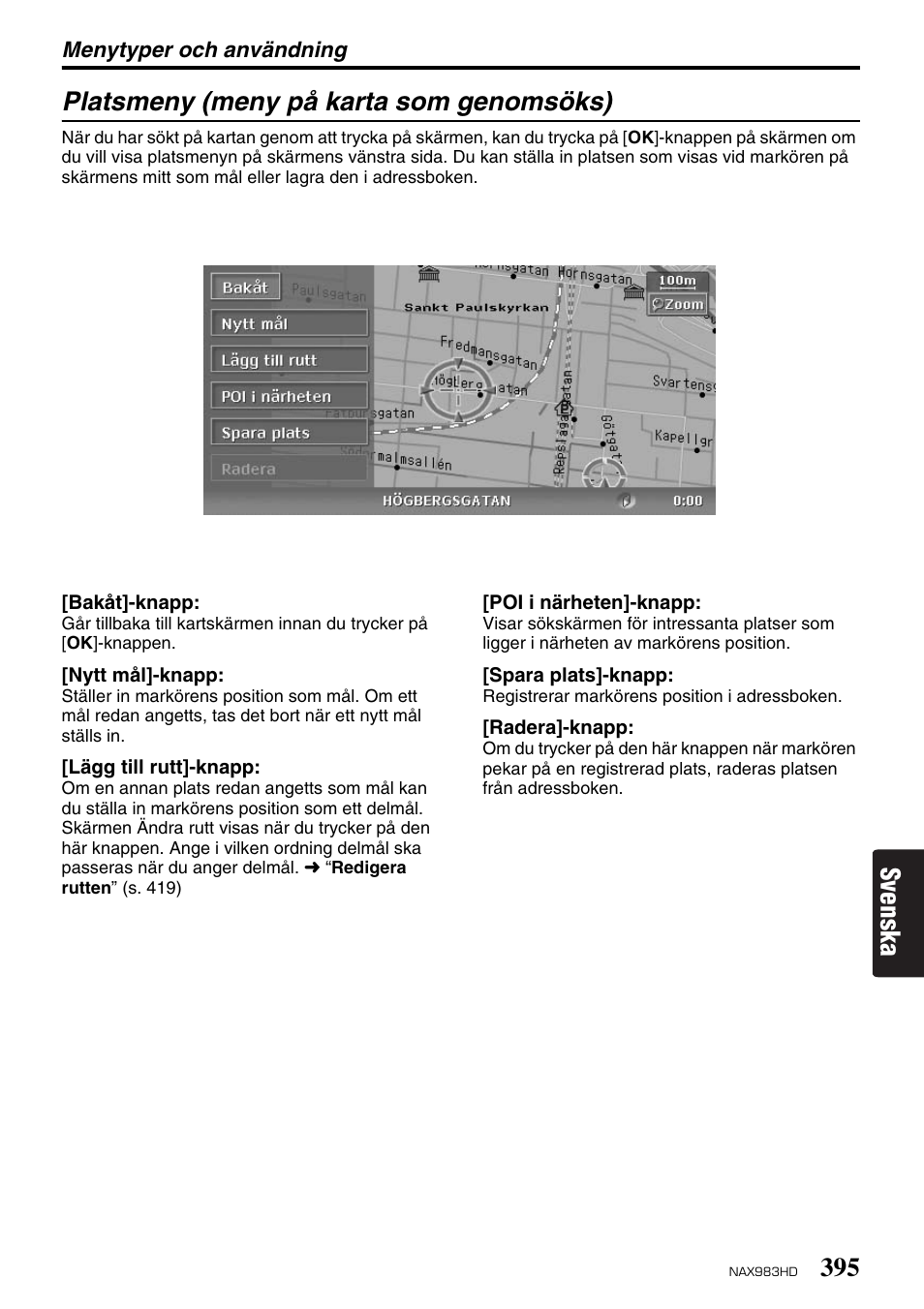 Svenska platsmeny (meny på karta som genomsöks) | Clarion NAX983HD User Manual | Page 12 / 98