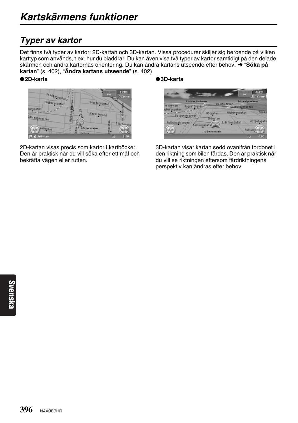 Kartskärmens funktioner, Svenska, Typer av kartor | Clarion NAX983HD User Manual | Page 13 / 98