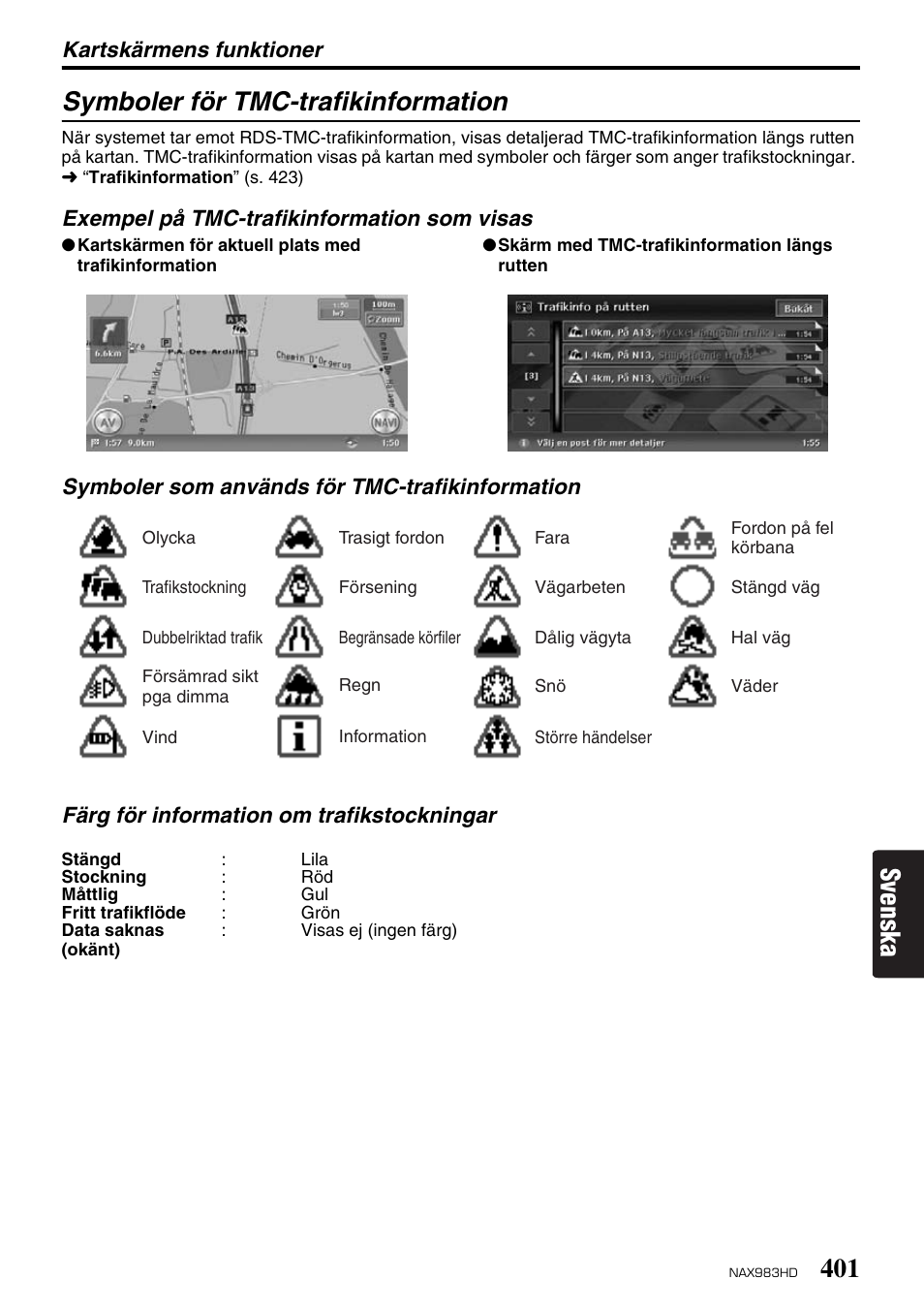 Svenska symboler för tmc-trafikinformation | Clarion NAX983HD User Manual | Page 18 / 98