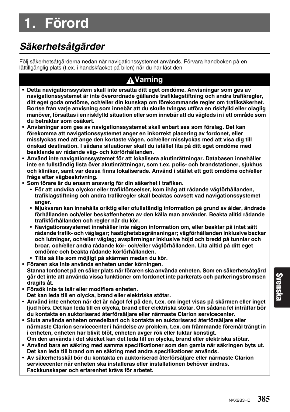 Förord, Säkerhetsåtgärder, Svenska | Varning | Clarion NAX983HD User Manual | Page 2 / 98