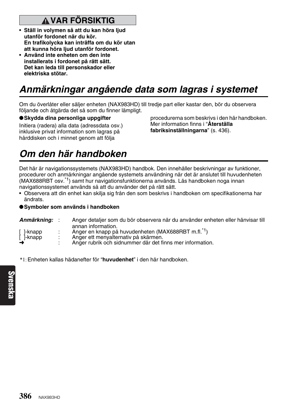 Anmärkningar angående data som lagras i systemet, Om den här handboken, Svenska var försiktig | Clarion NAX983HD User Manual | Page 3 / 98