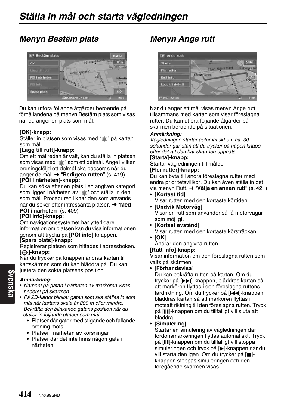 Ställa in mål och starta vägledningen, Svenska, Menyn bestäm plats | Menyn ange rutt | Clarion NAX983HD User Manual | Page 31 / 98