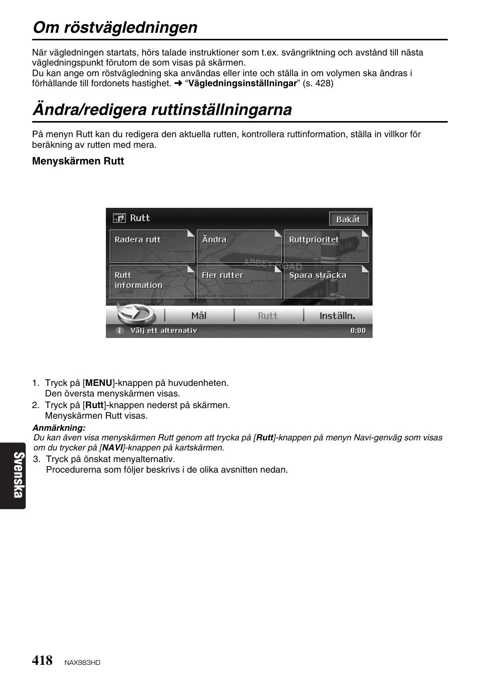 Om röstvägledningen, Ändra/redigera ruttinställningarna, Svenska | Clarion NAX983HD User Manual | Page 35 / 98