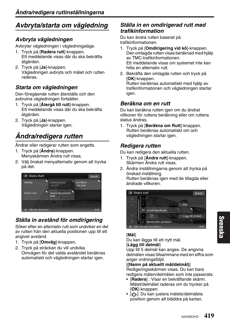 Svenska avbryta/starta om vägledning, Ändra/redigera rutten | Clarion NAX983HD User Manual | Page 36 / 98
