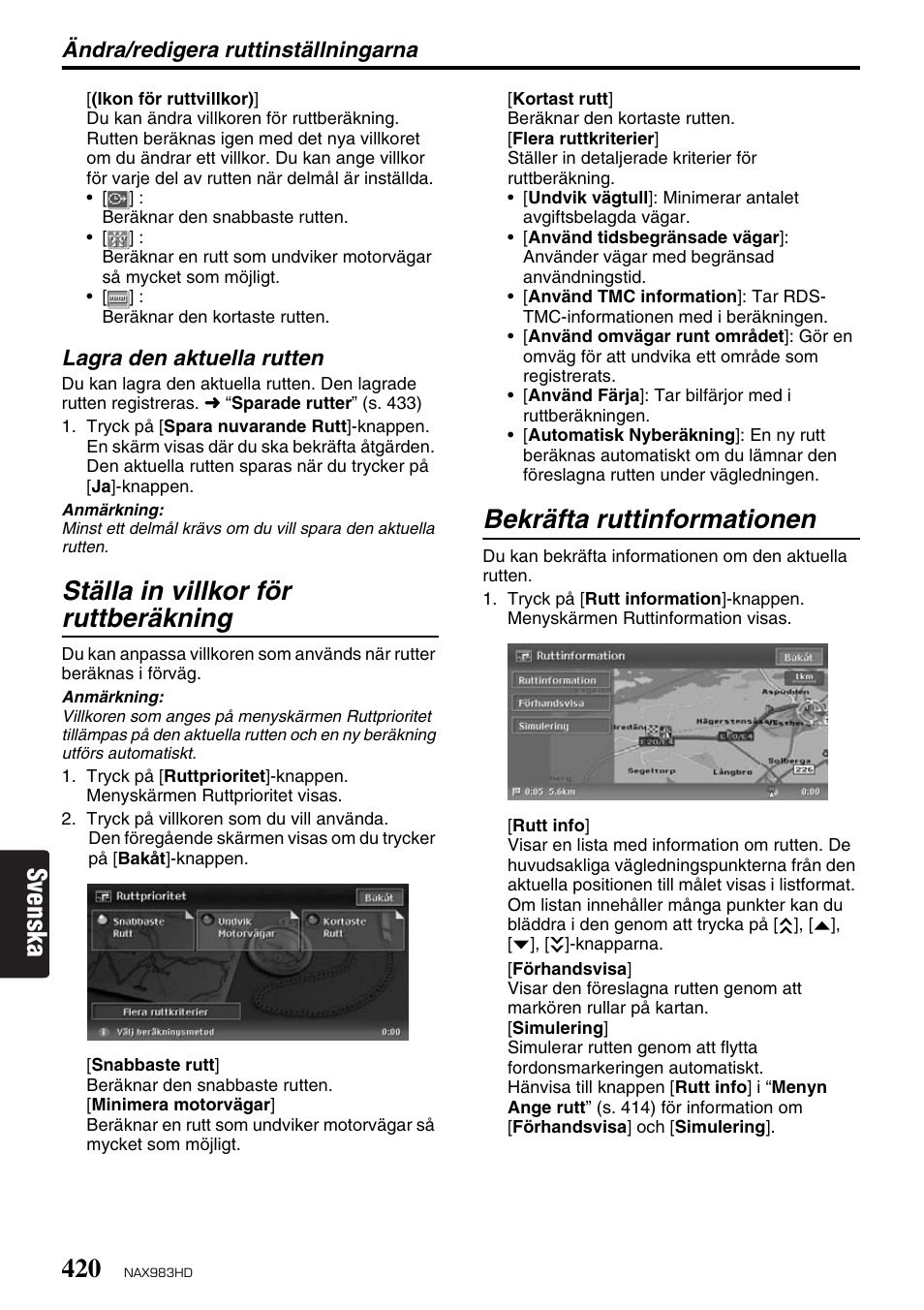 Svenska, Ställa in villkor för ruttberäkning, Bekräfta ruttinformationen | Clarion NAX983HD User Manual | Page 37 / 98