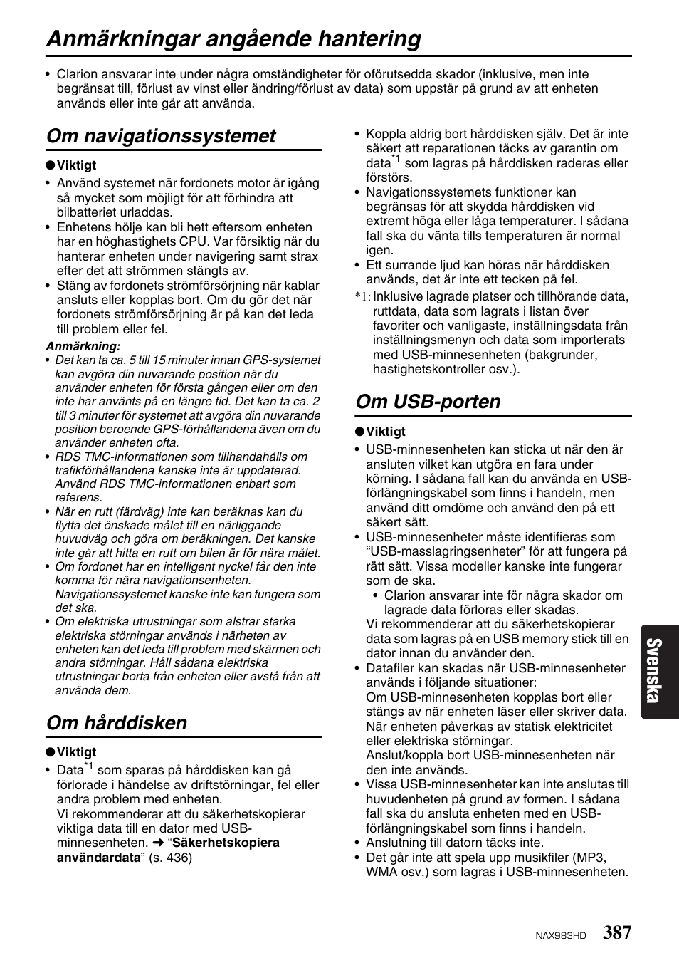 Anmärkningar angående hantering, Svenska, Om navigationssystemet | Om hårddisken, Om usb-porten | Clarion NAX983HD User Manual | Page 4 / 98