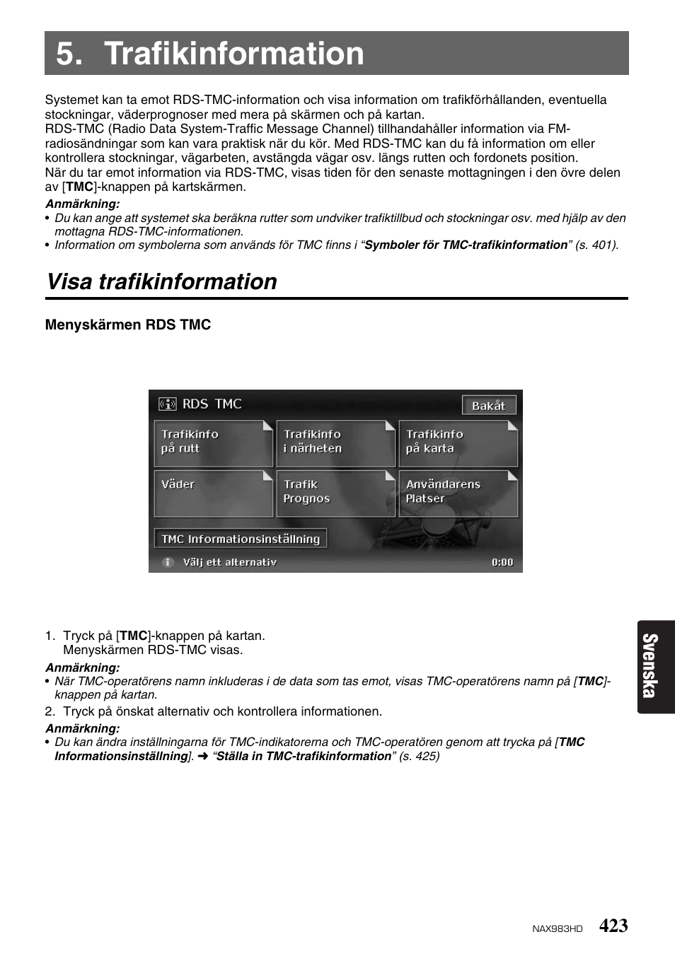 Trafikinformation, Visa trafikinformation, Svenska | Clarion NAX983HD User Manual | Page 40 / 98