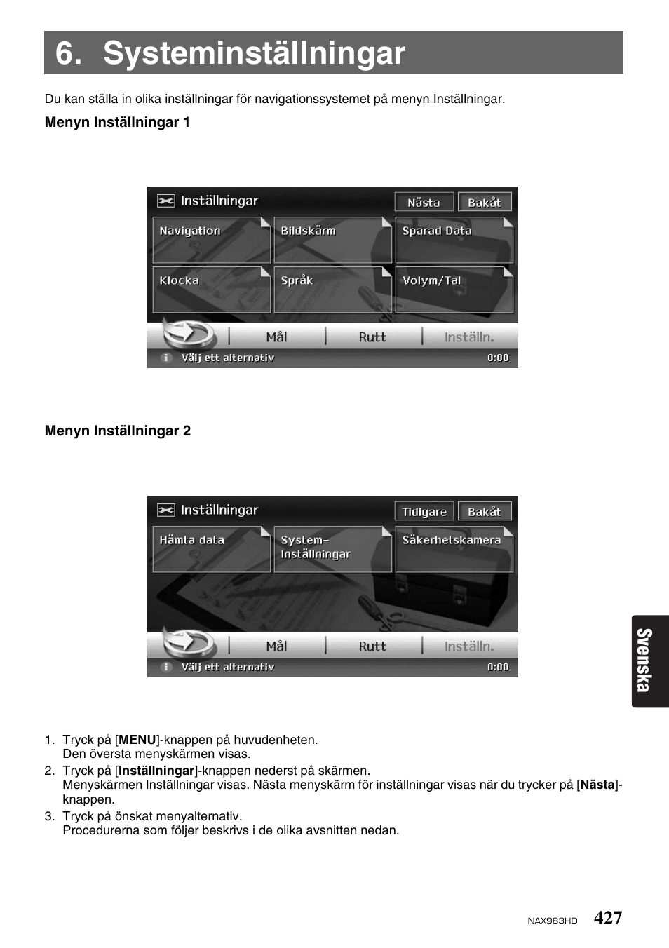 Systeminställningar, Svenska | Clarion NAX983HD User Manual | Page 44 / 98