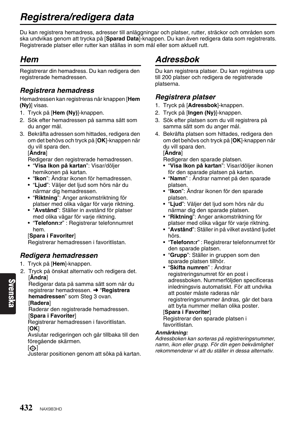 Registrera/redigera data, Svenska, Adressbok | Clarion NAX983HD User Manual | Page 49 / 98