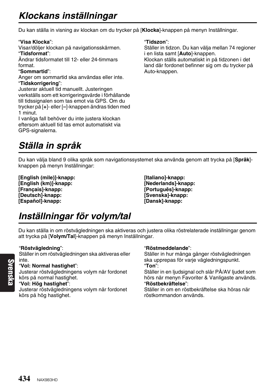 Klockans inställningar, Ställa in språk, Inställningar för volym/tal | Svenska | Clarion NAX983HD User Manual | Page 51 / 98