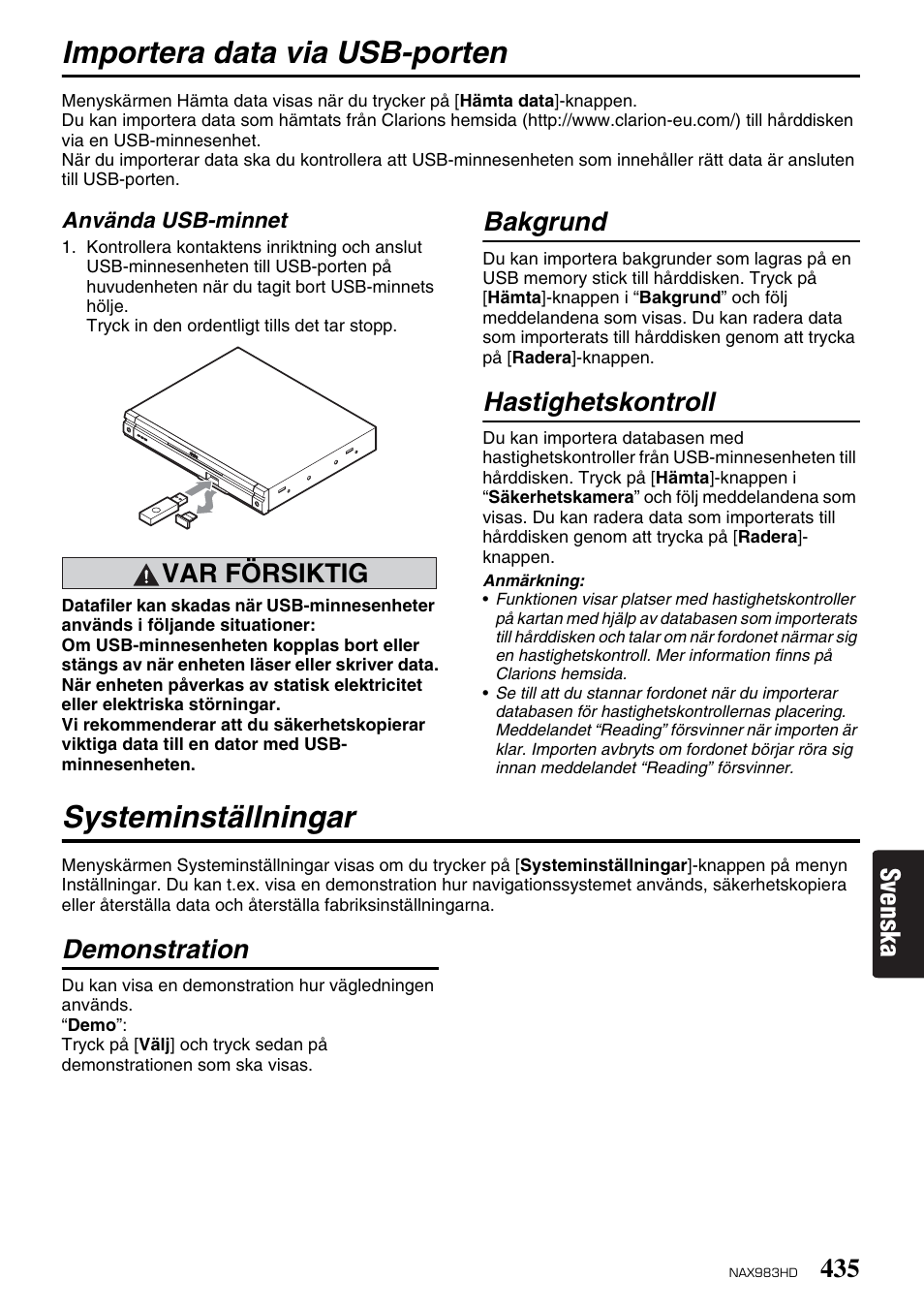 Importera data via usb-porten, Systeminställningar, Svenska | Var försiktig, Bakgrund, Hastighetskontroll, Demonstration | Clarion NAX983HD User Manual | Page 52 / 98