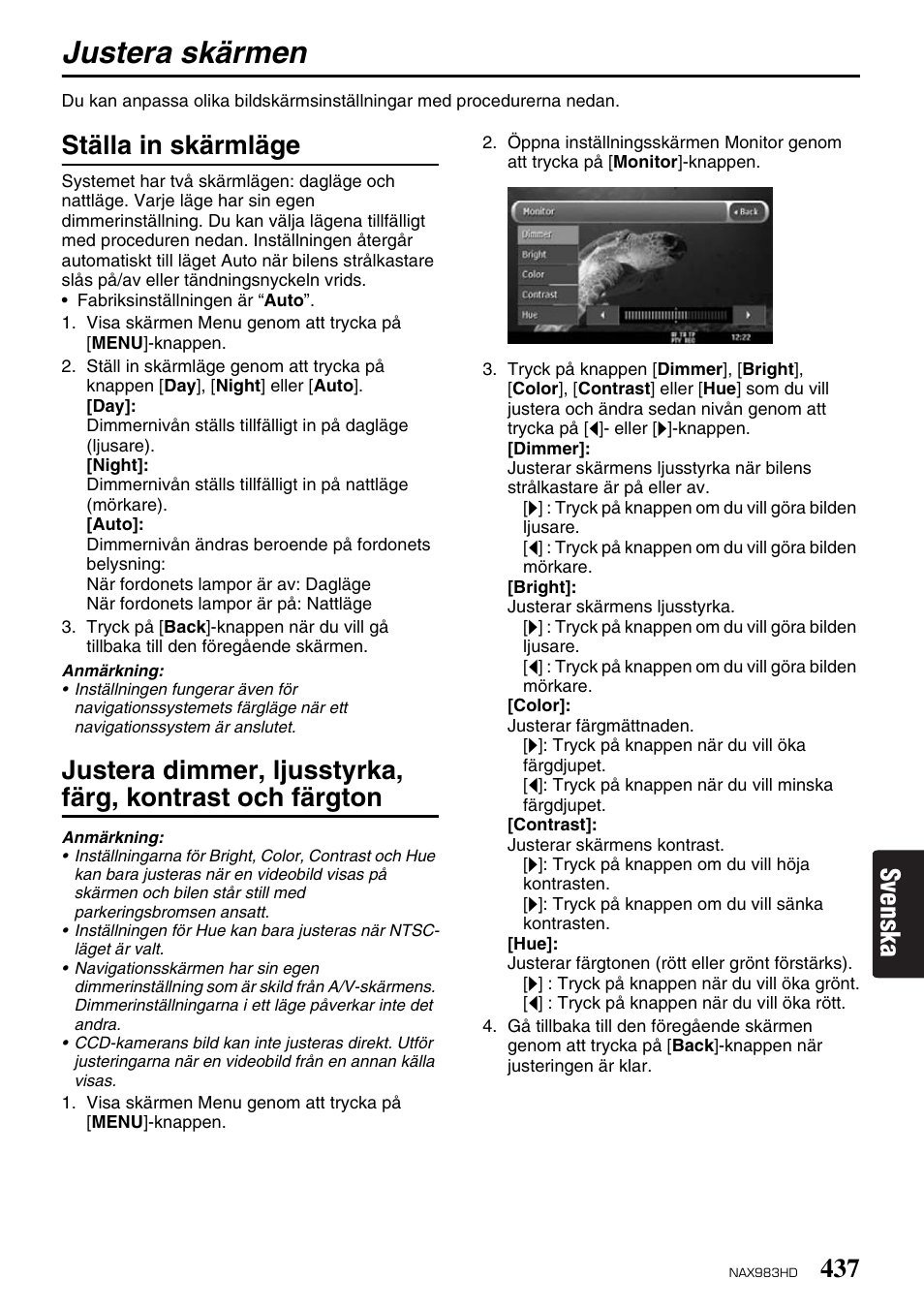 Justera skärmen, Svenska, Ställa in skärmläge | Clarion NAX983HD User Manual | Page 54 / 98