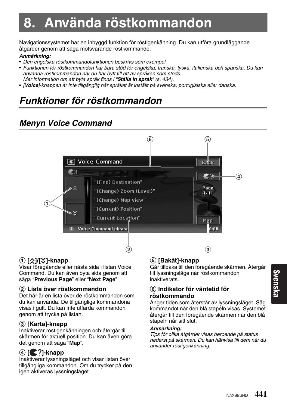 Använda röstkommandon, Funktioner för röstkommandon, Svenska | Menyn voice command | Clarion NAX983HD User Manual | Page 58 / 98