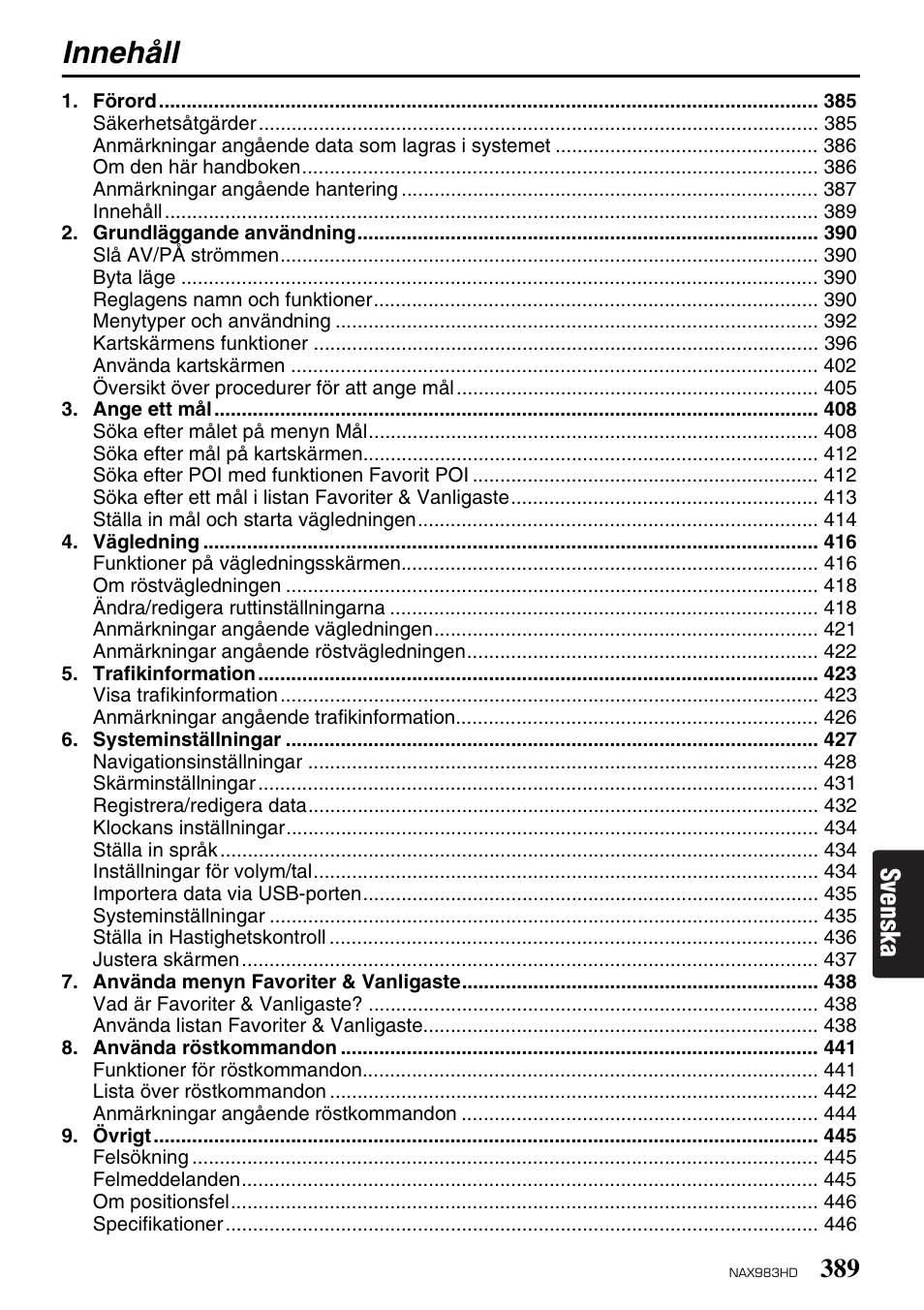 Innehåll, Svenska | Clarion NAX983HD User Manual | Page 6 / 98