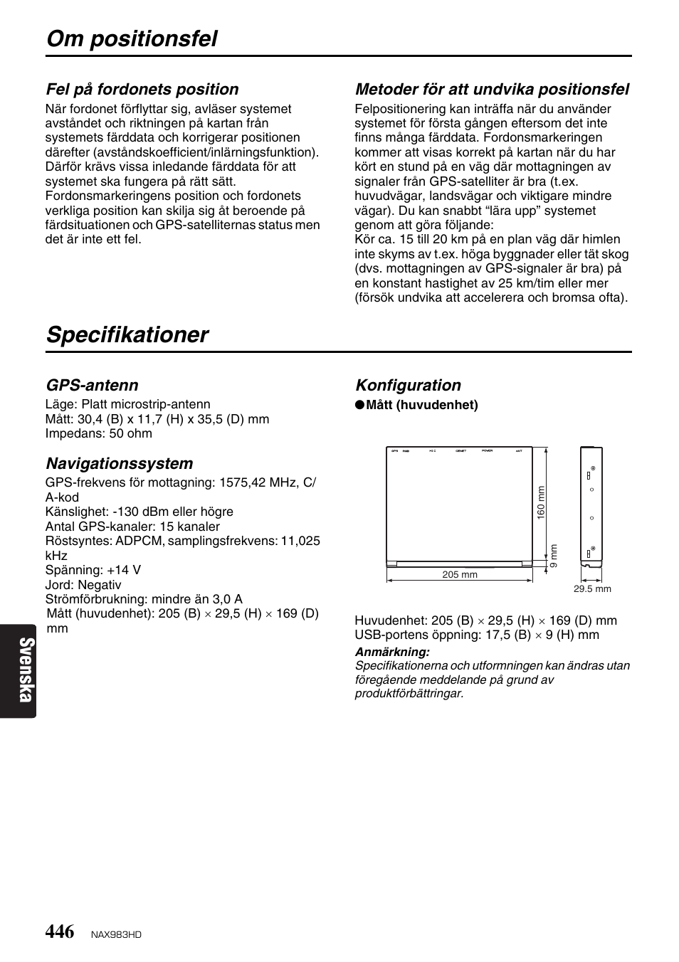 Om positionsfel, Specifikationer, Svenska | Clarion NAX983HD User Manual | Page 63 / 98