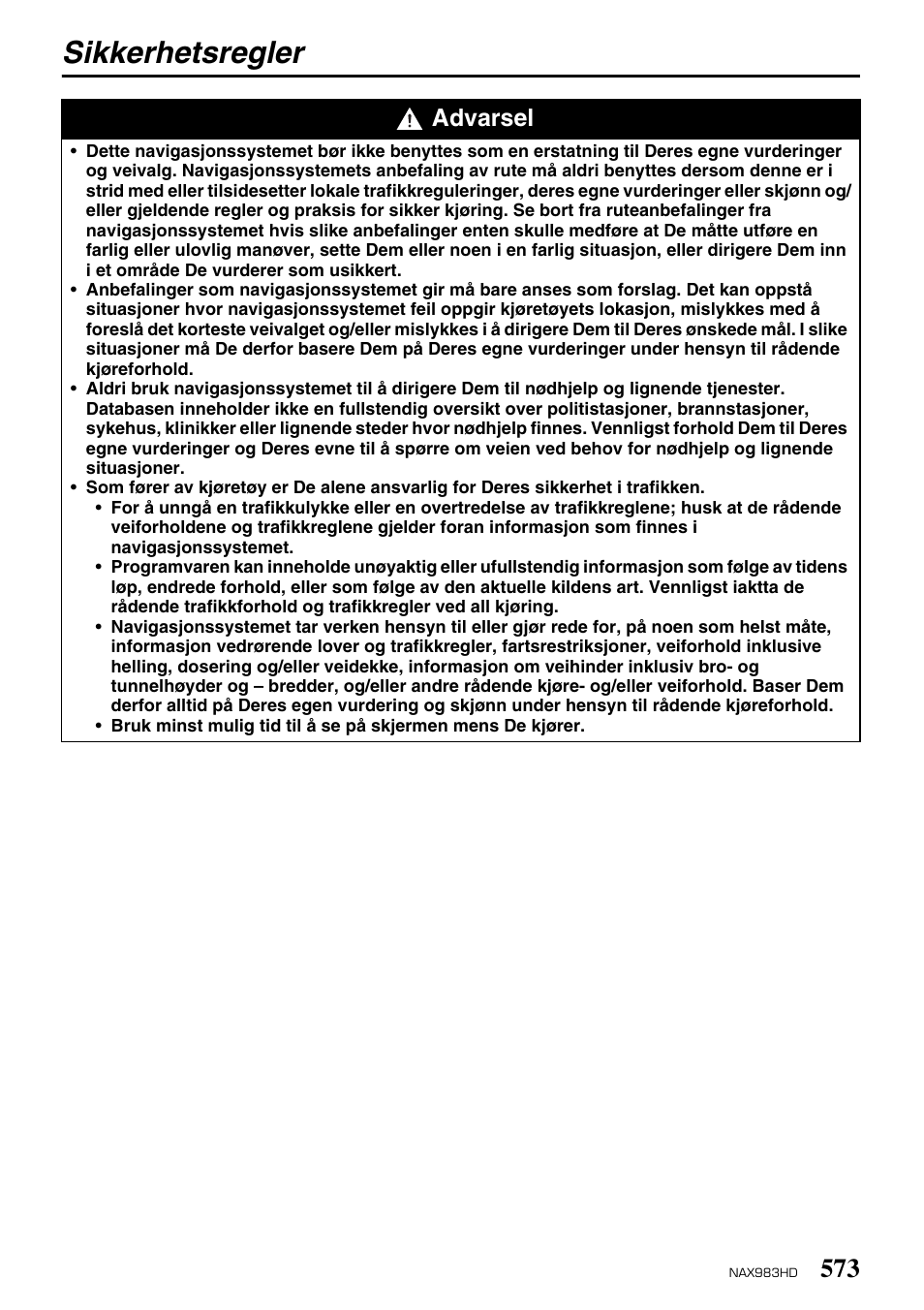 Sikkerhetsregler, Advarsel | Clarion NAX983HD User Manual | Page 66 / 98