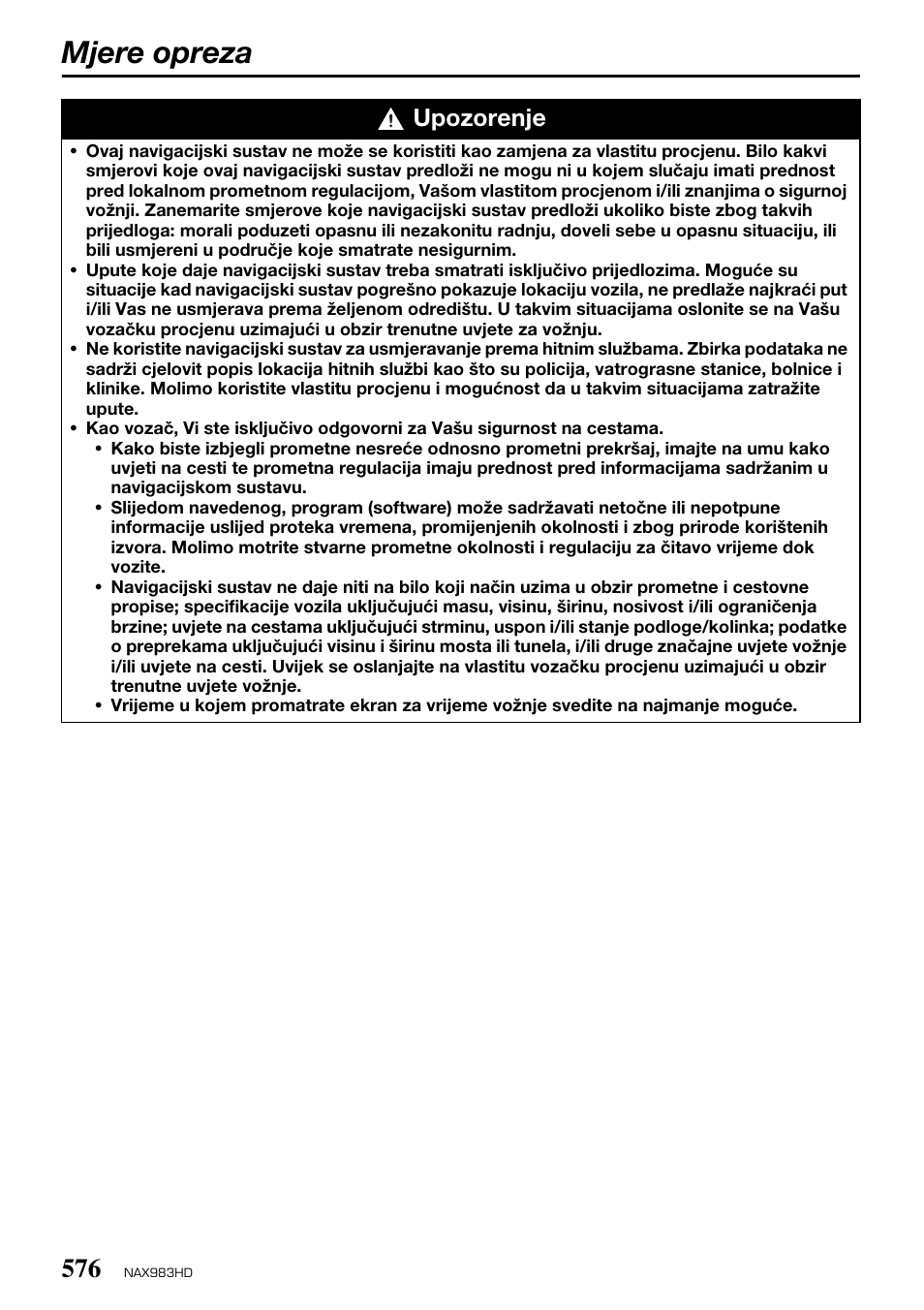 Mjere opreza, Upozorenje | Clarion NAX983HD User Manual | Page 69 / 98
