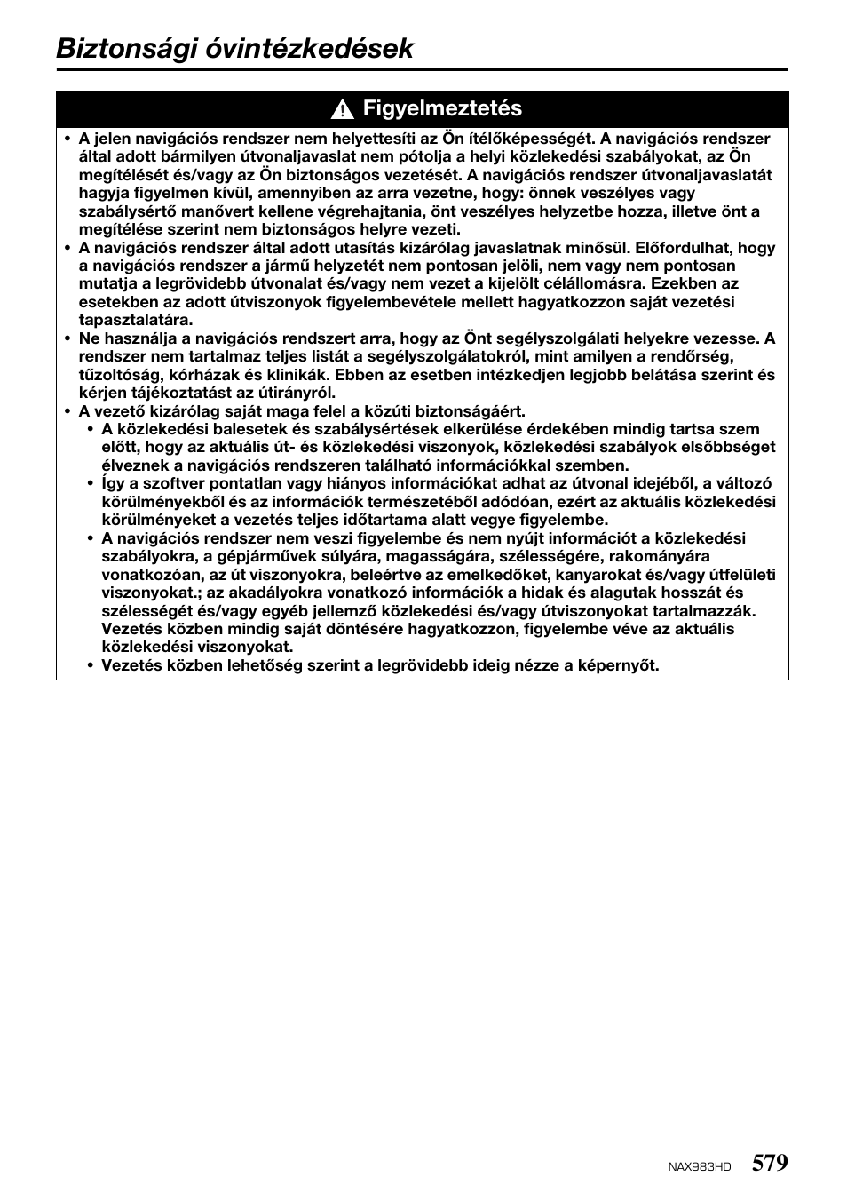 Biztonsági óvintézkedések, Figyelmeztetés | Clarion NAX983HD User Manual | Page 72 / 98
