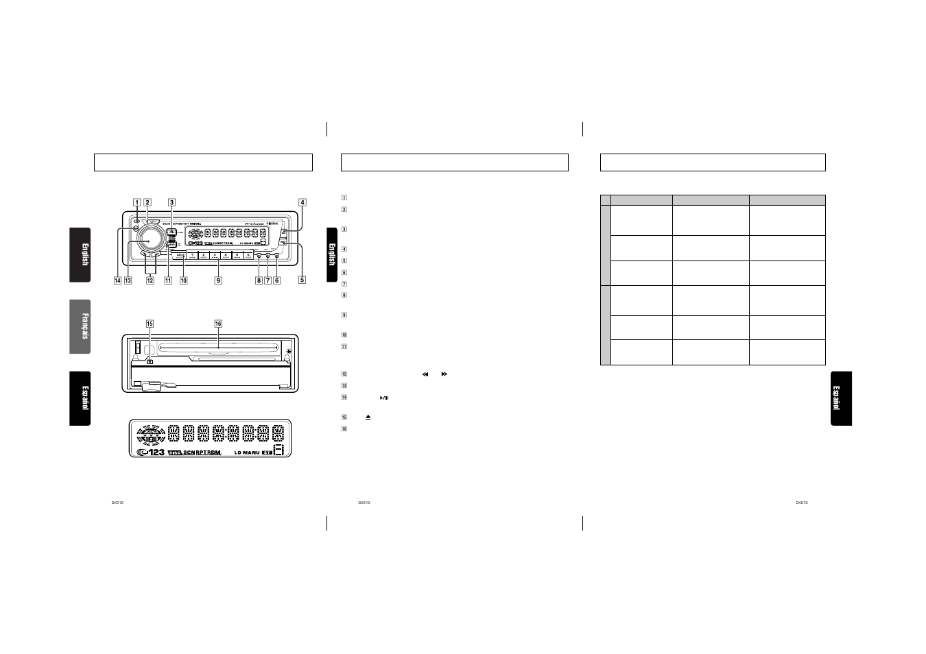Controls / les commandes / controles, Button terminology 10. indicaciones de error, English | 49 español | Clarion DX515 User Manual | Page 2 / 16