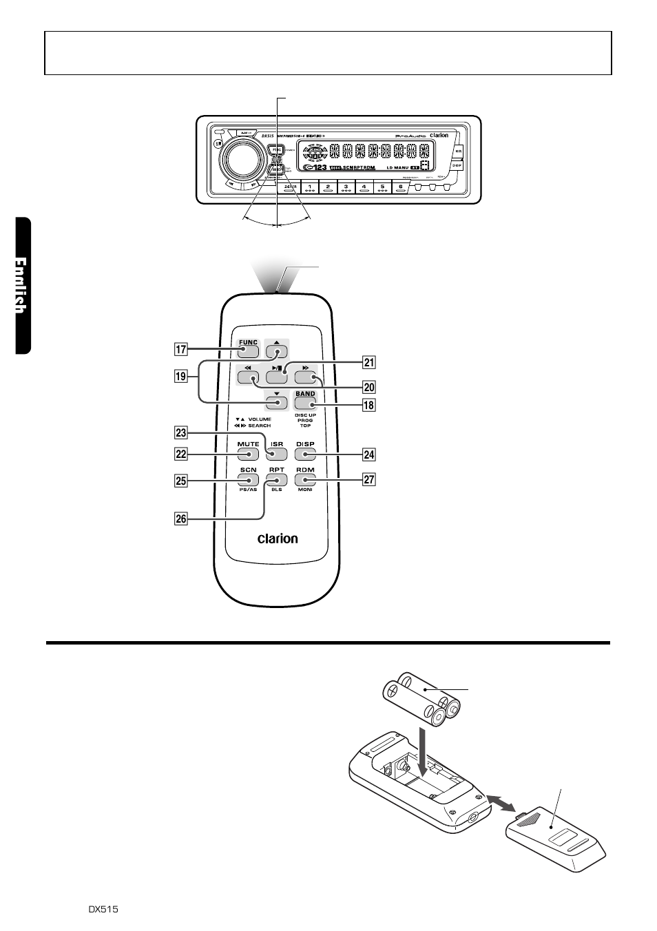 Remote control, English, Inserting the batteries | Remote control unit | Clarion DX515 User Manual | Page 6 / 16