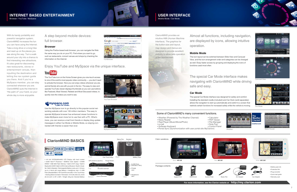 Internet based entertainment, User interface, Clarionmind basics | A step beyond mobile devices: full browser, Enjoy youtube and myspace via the unique interface, Browser, Mobile mode, Car mode, Some of clarionmind's many convenient functions | Clarion Mind NR1UB User Manual | Page 4 / 4