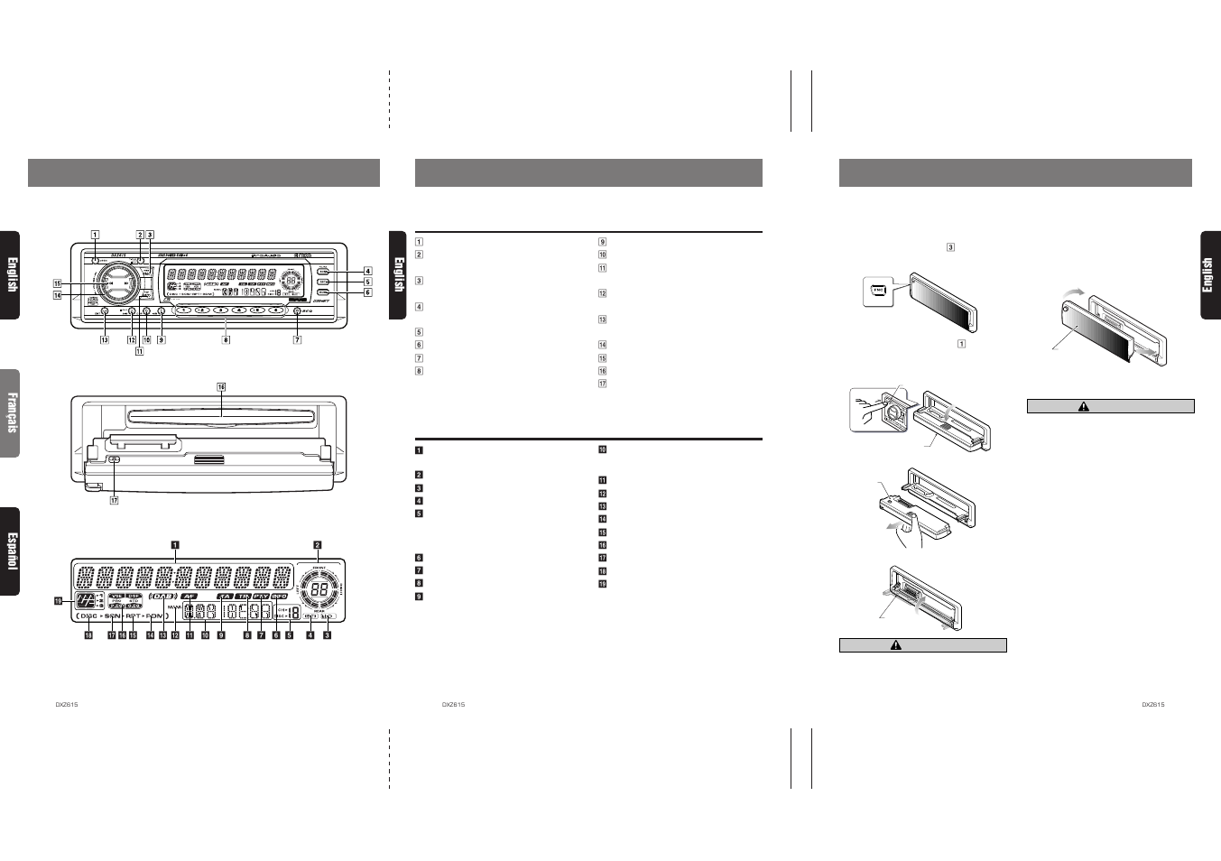 Nomenclature, Controls / les commandes / controles, Names of buttons | Display items, 7english, Caution, English français español english, Source unit / appareil pilote / unidad fuente, Attaching the dcp, Removing the dcp | Clarion DXZ615 User Manual | Page 4 / 30